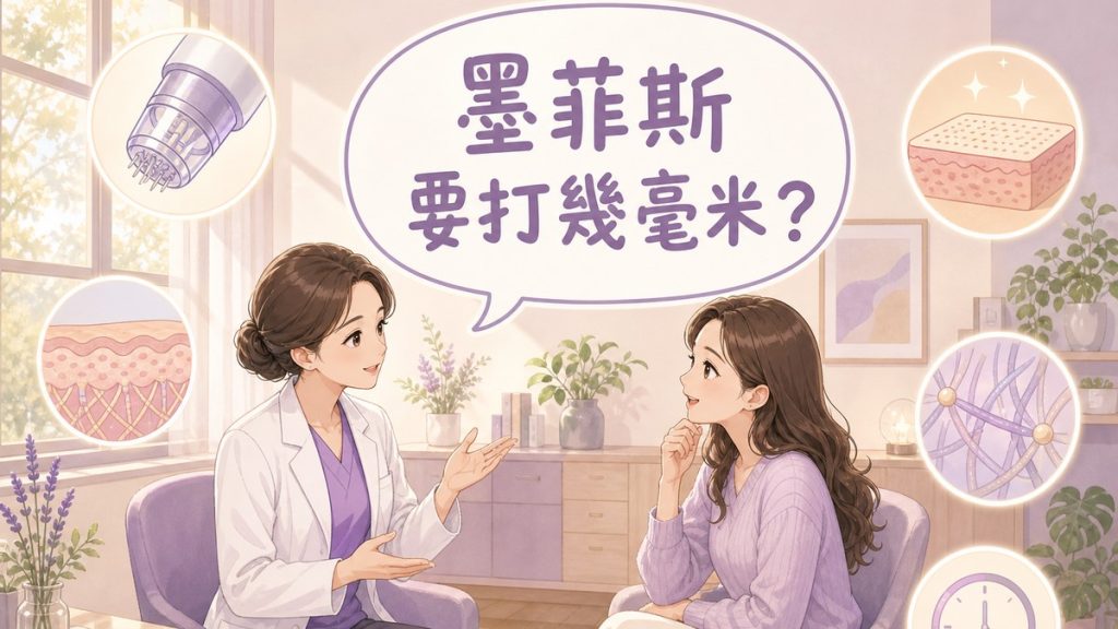 診間裡醫師與女性患者面對面討論墨菲斯電波，患者的對話氣泡寫著「墨菲斯要打幾毫米？」，周圍散布微針探頭、皮膚分層、膠原纖維等示意小圖