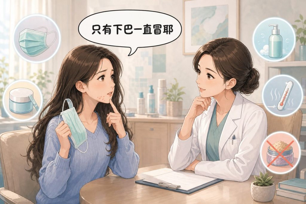 患者拿下口罩向醫師詢問下巴一直冒痘