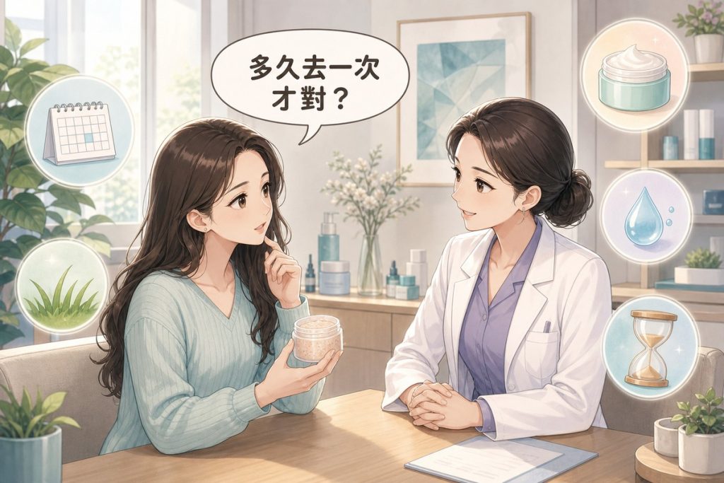患者拿著去角質產品詢問醫師多久去一次才對