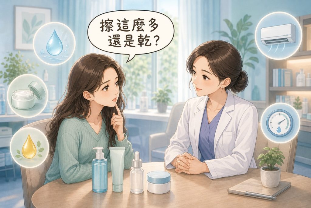 患者帶著多瓶保養品詢問醫師為什麼擦了還是乾