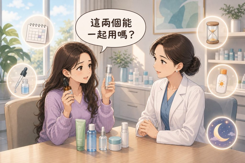 患者帶著多瓶活性成分保養品詢問醫師能不能一起用