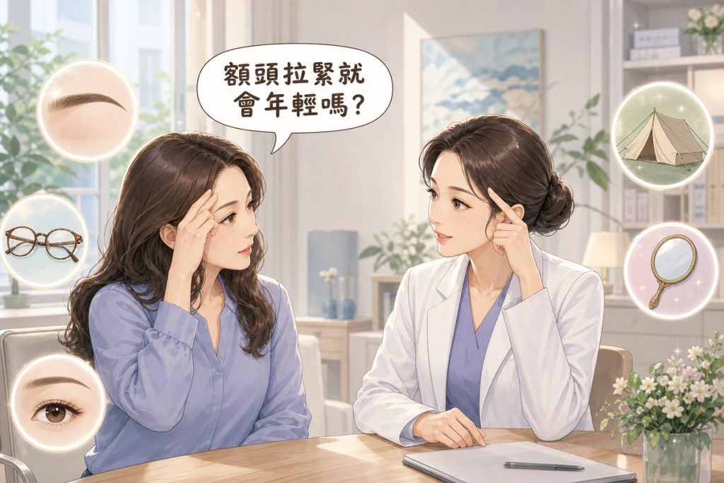 醫師指向顳部向患者說明上臉拉提的評估重點