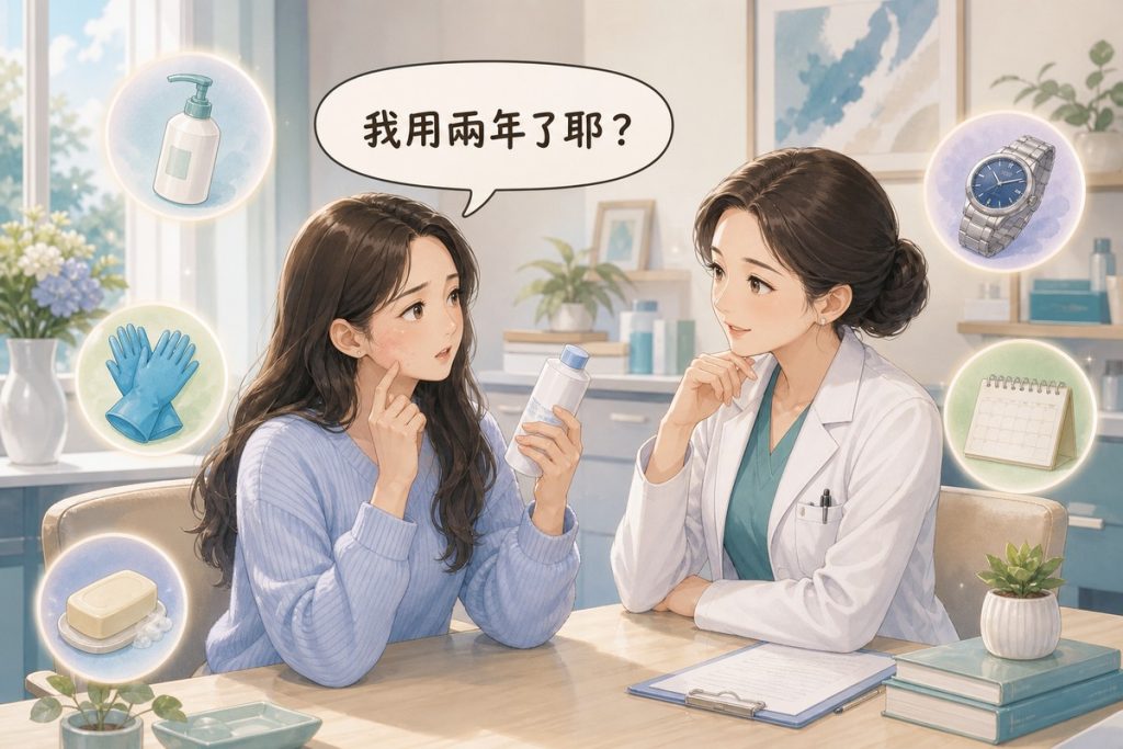 患者拿著用了兩年的保養品詢問醫師為什麼突然過敏