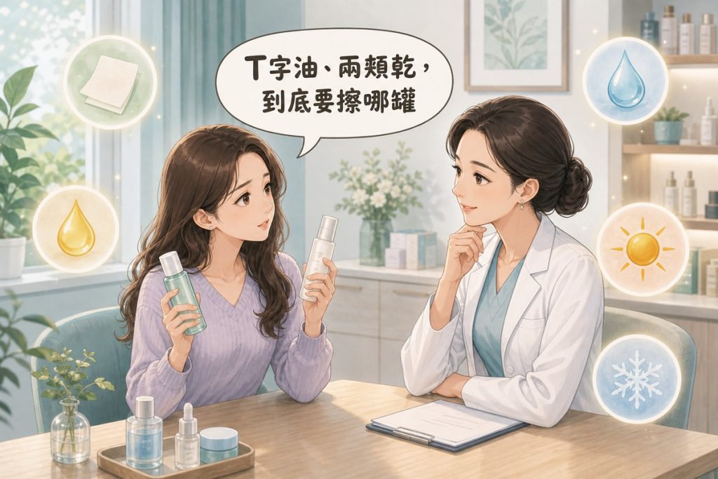 患者拿著兩罐保養品詢問醫師混合肌該擦哪一罐