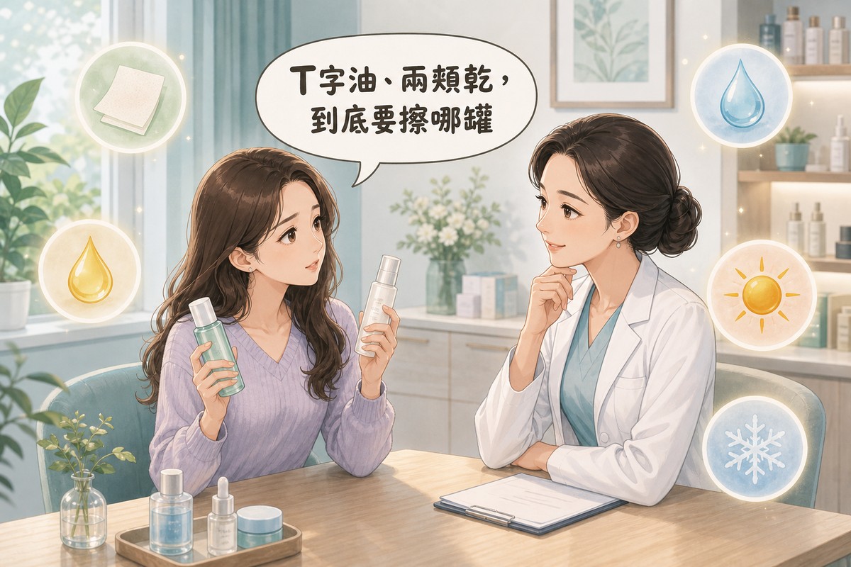 患者拿著兩罐保養品詢問醫師混合肌該擦哪一罐