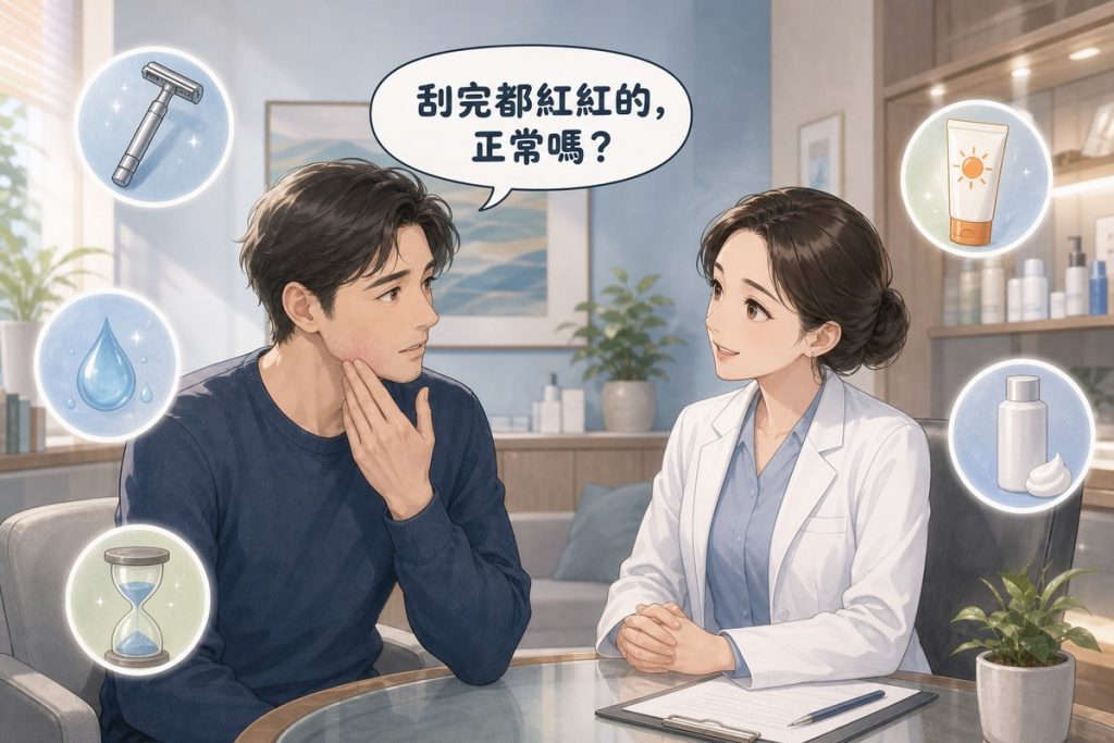 男性患者在診間詢問醫師刮完鬍子泛紅是否正常