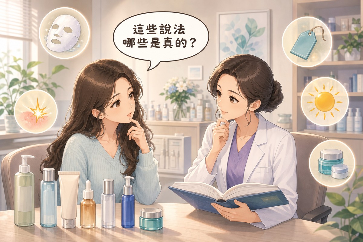 女性帶著一整排保養品詢問醫師哪些說法是真的