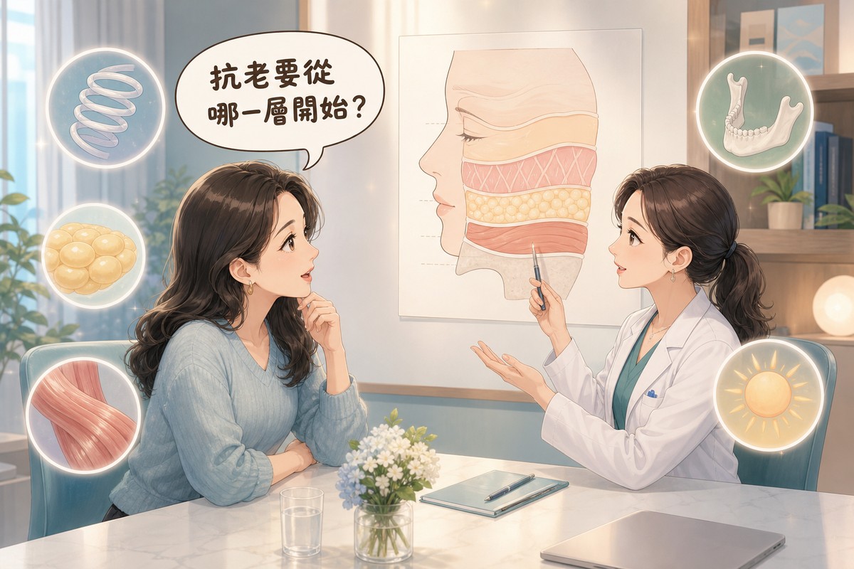 醫師向患者說明臉部老化分層的示意圖