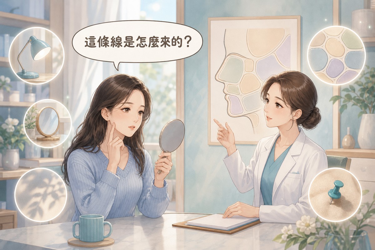 女性照鏡子看臉頰陰影,醫師在旁說明輪廓的成因