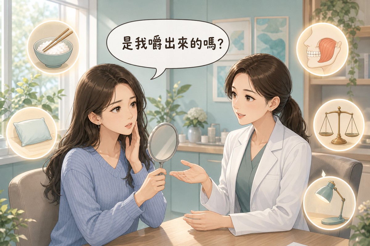 女性照鏡子觸摸單側下顎,醫師在旁說明大小臉成因