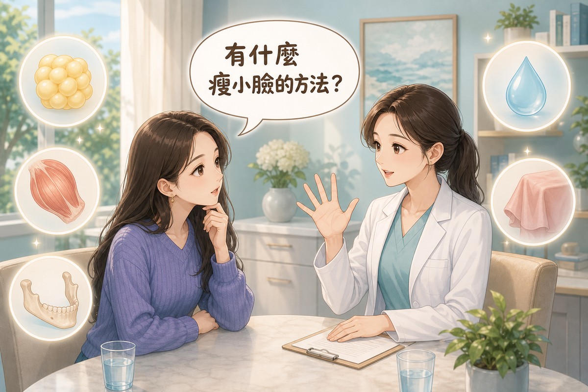 女性詢問醫師有什麼瘦小臉方法的諮詢場景