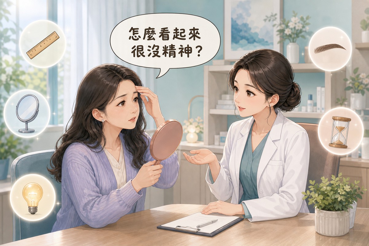 女性照鏡子觀察上眼皮,醫師在旁說明