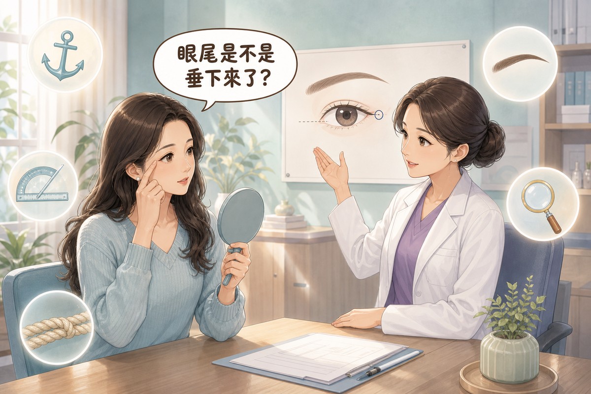 女性觸摸外眼角照鏡子,醫師在旁說明外眥結構