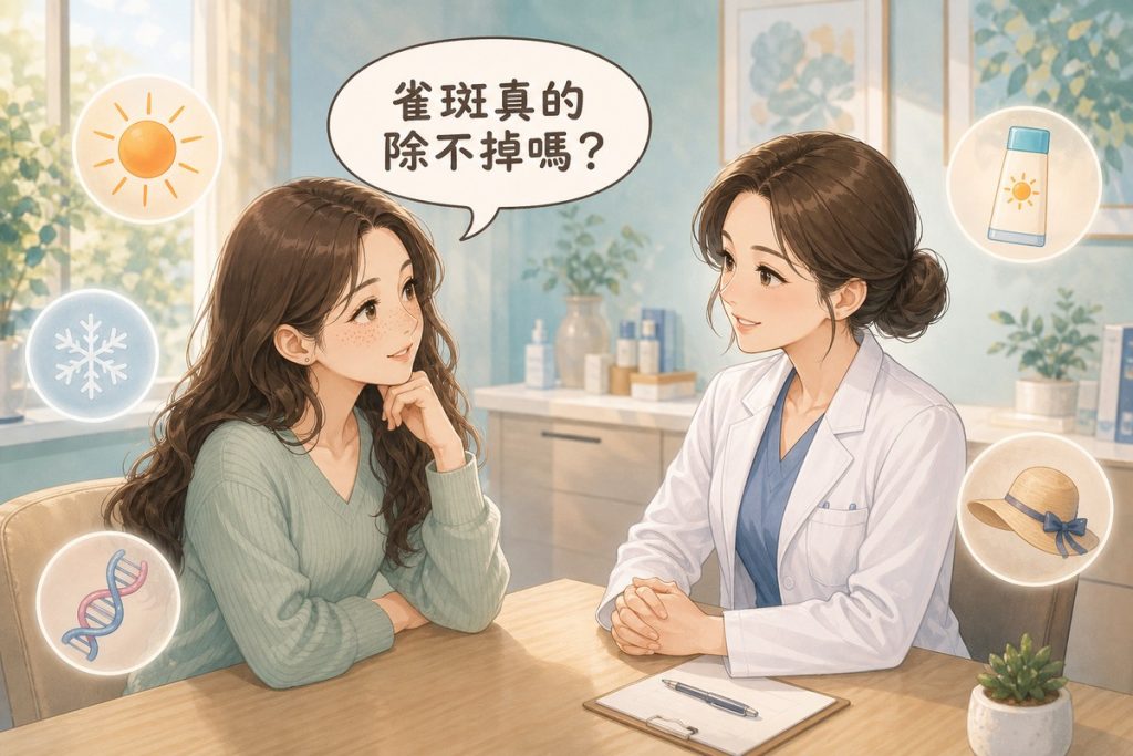 醫師與有雀斑的女性在診間討論雀斑能不能除掉
