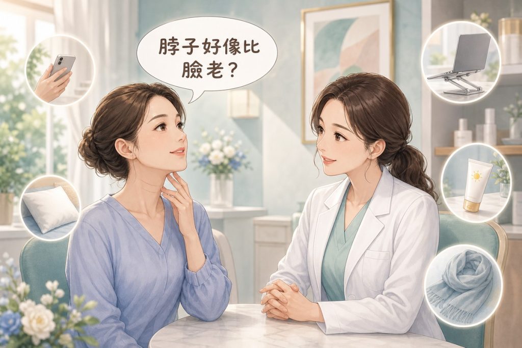 醫師與患者在診間討論頸部紋路