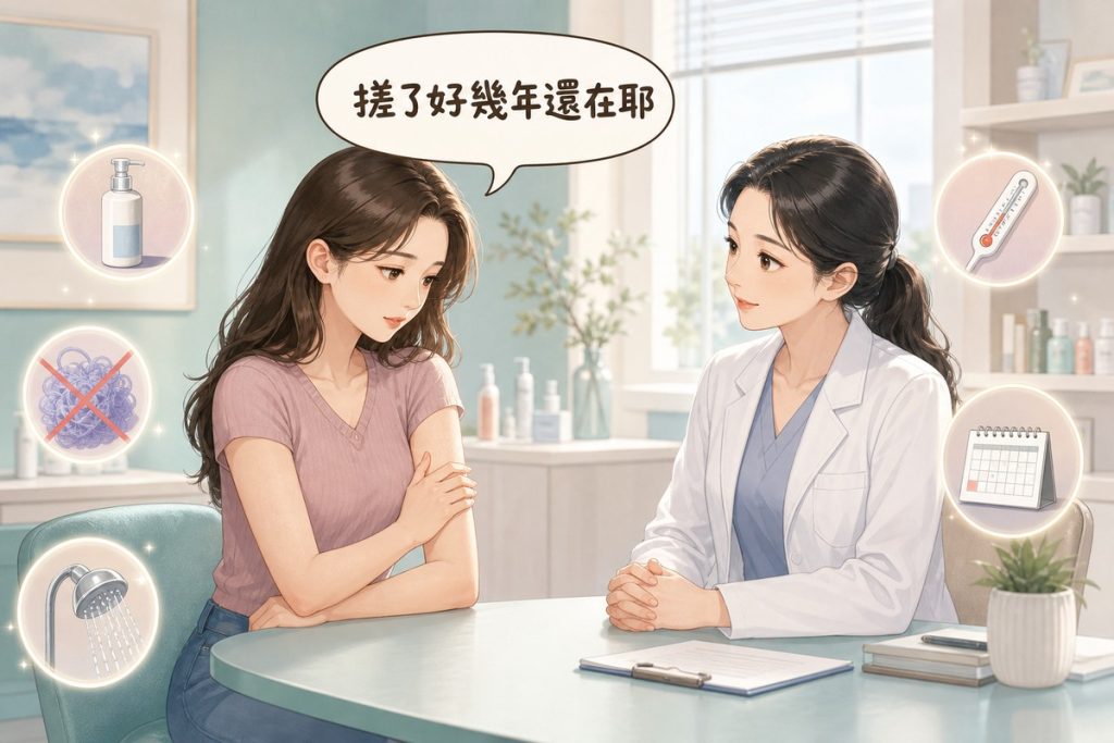 年輕女性在診間詢問醫師手臂上的雞皮膚