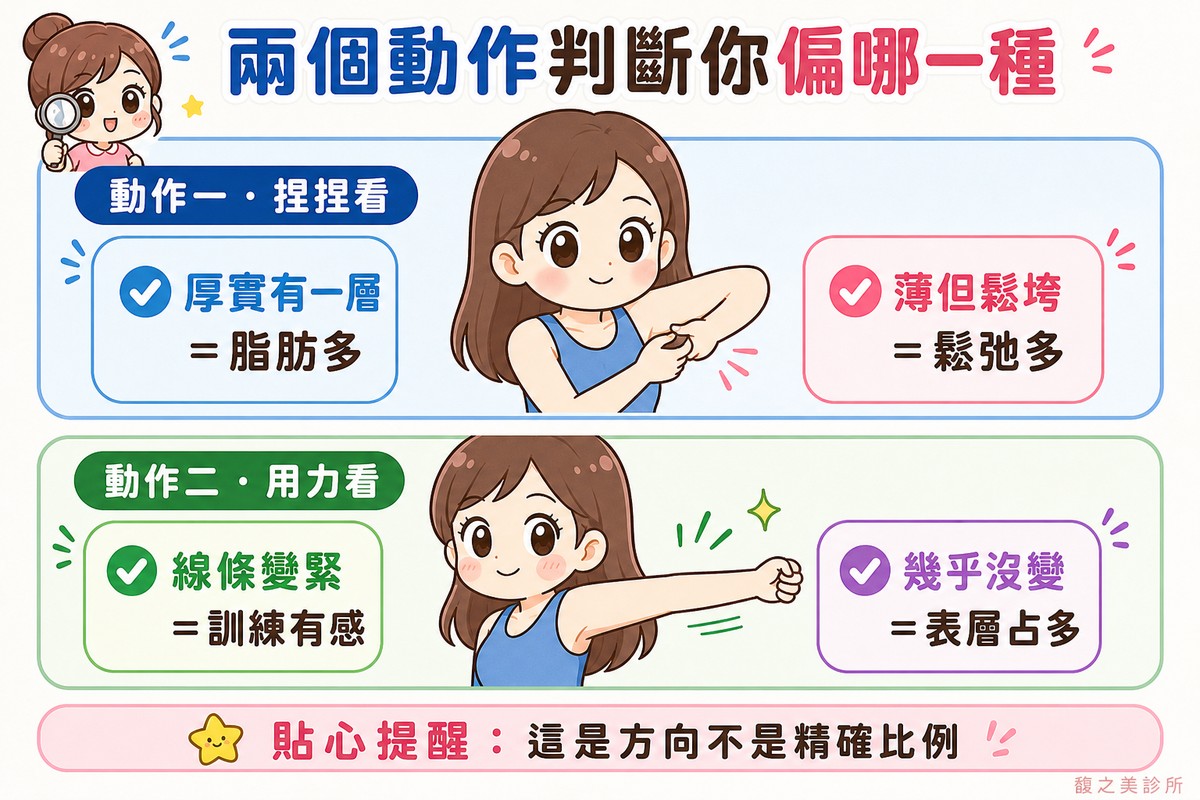 兩個判斷動作:放鬆時捏上臂後側、用力收緊三頭肌再看