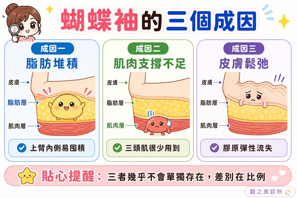 蝴蝶袖的三個成因:脂肪堆積、肌肉支撐不足、皮膚鬆弛