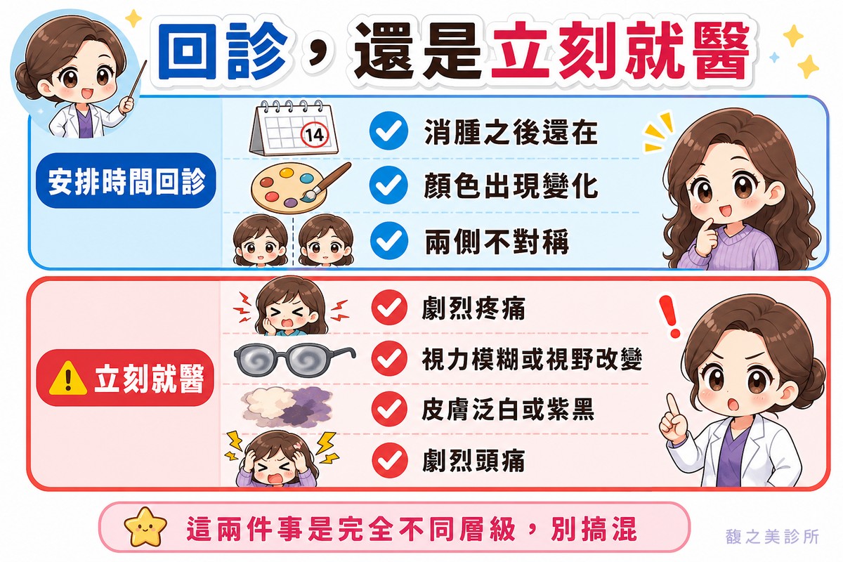 消腫後還在、顏色變化、兩側不對稱可安排回診；劇烈疼痛、視力模糊、皮膚泛白紫黑、劇烈頭痛要立刻就醫