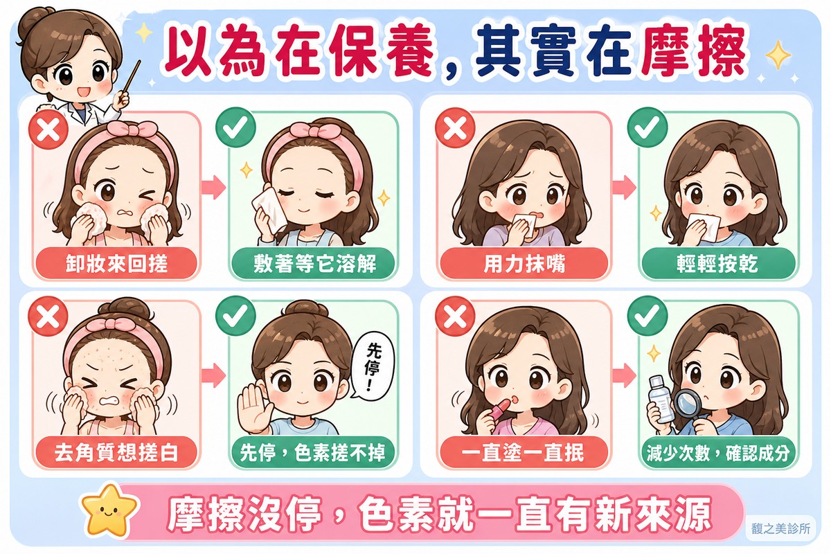 卸妝改成敷著溶解、擦嘴改成輕輕按乾、先停去角質、護唇膏減少次數並確認成分