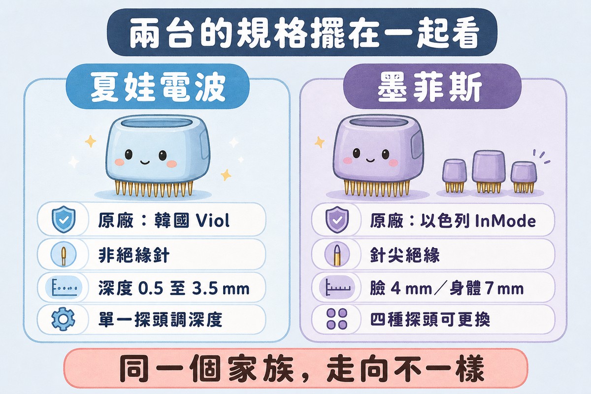 左右兩張卡片比較兩台儀器：夏娃電波原廠為韓國 Viol、非絕緣針、深度 0.5 至 3.5 毫米、單一探頭調深度；墨菲斯原廠為以色列 InMode、針尖絕緣、臉部 4 毫米身體 7 毫米、四種探頭可更換