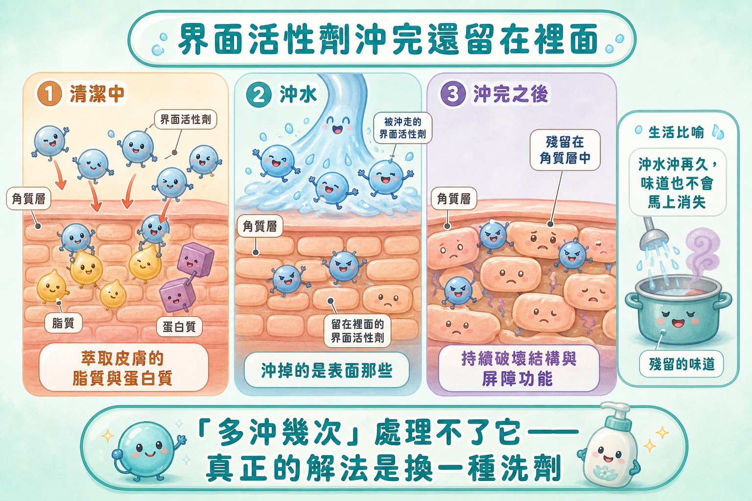 界面活性劑沖洗後仍殘留在角質層的機轉圖