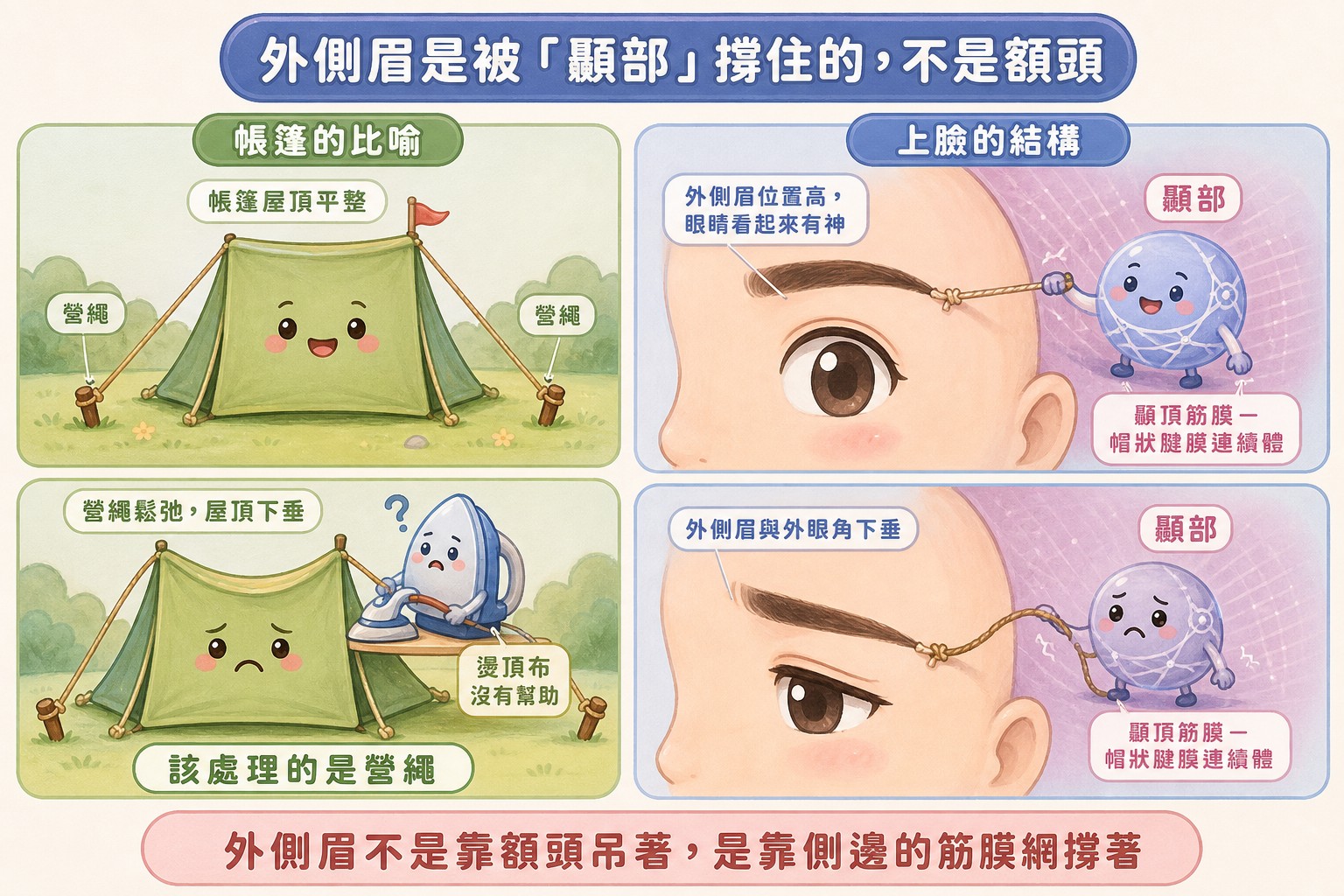 帳篷營繩比喻:外側眉是被顳部的筋膜網撐住的