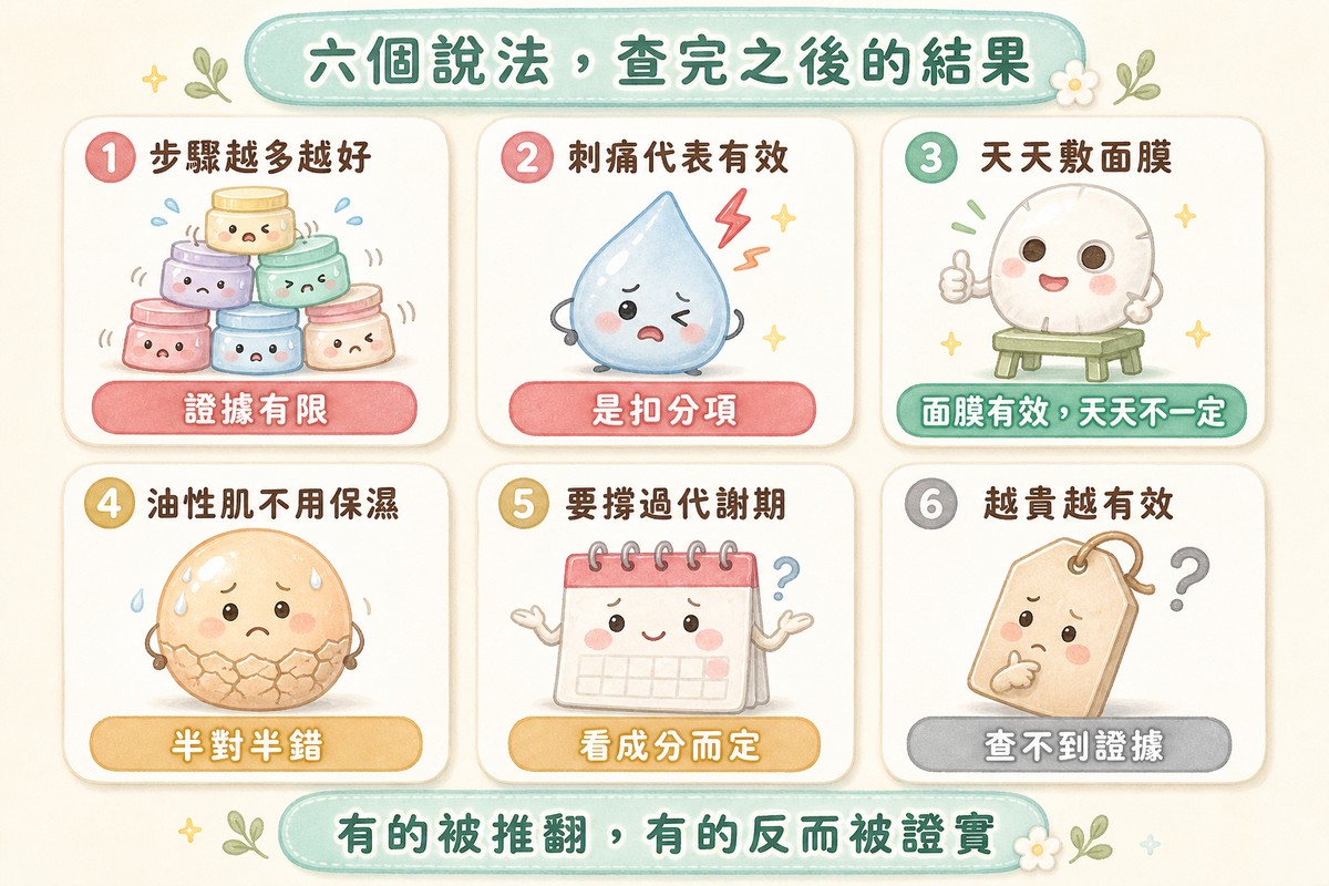 六個常見保養說法的查證結果總覽卡片