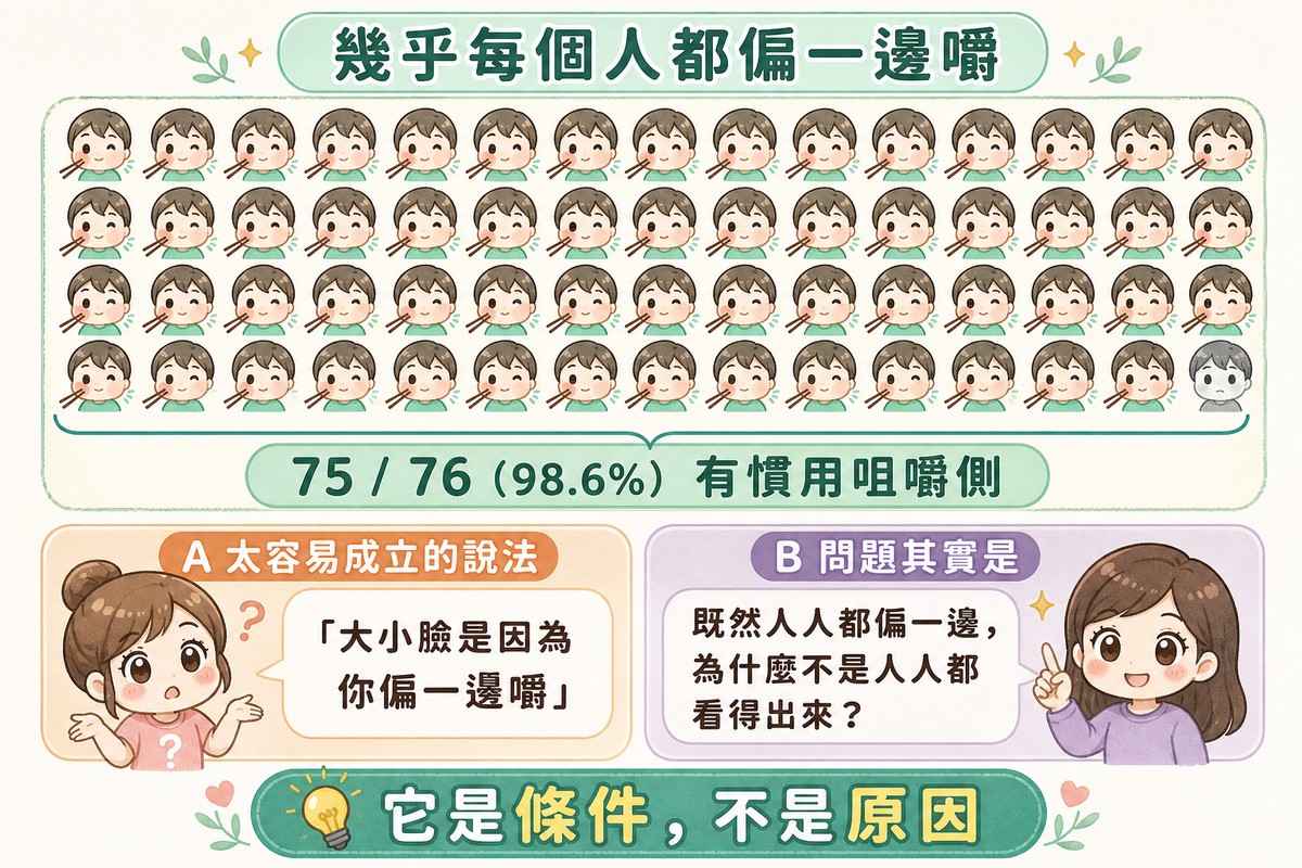 98.6%的人有慣用咀嚼側的人形圖示與推論