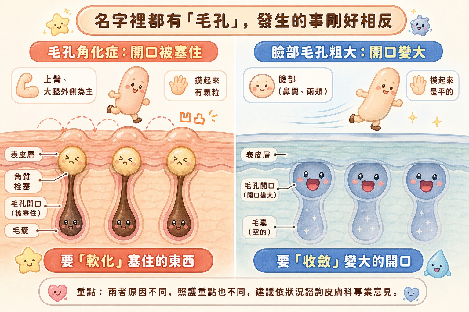 毛孔角化症與臉部毛孔粗大對照:一個開口被塞住、一個開口變大