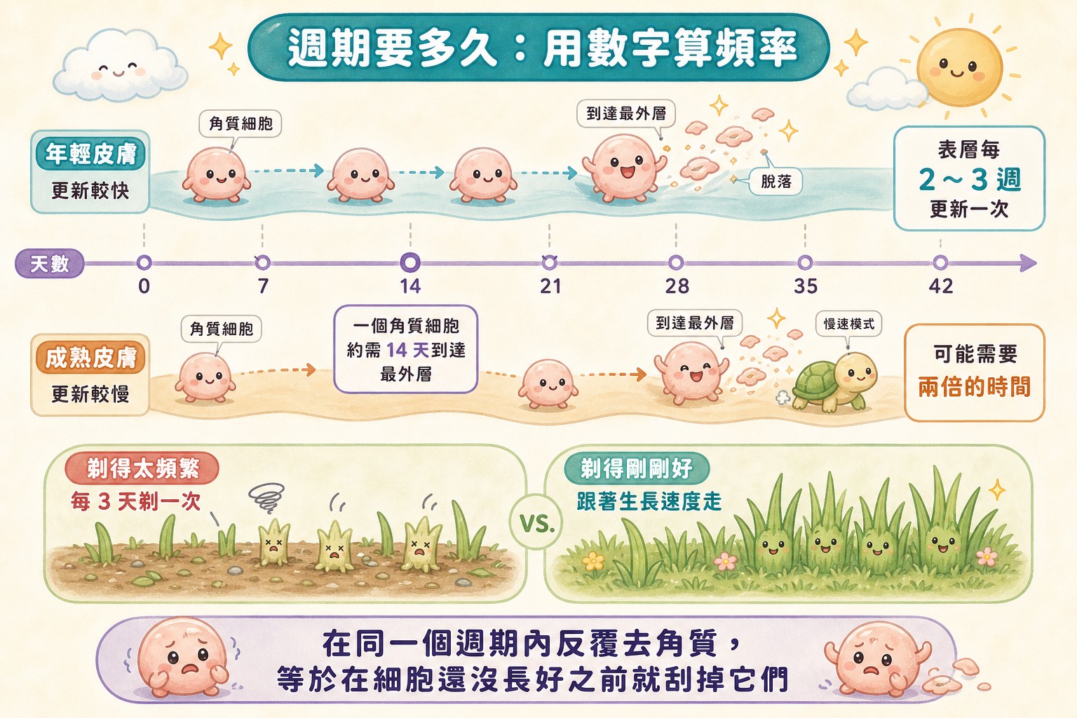 年輕與成熟皮膚的角質更新週期時間軸對照