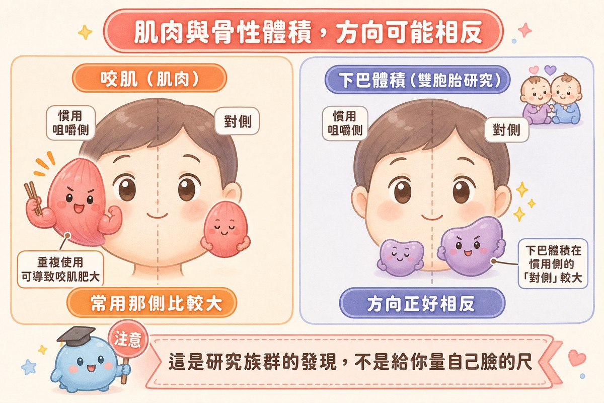 咬肌與下巴體積在慣用咀嚼側與對側的方向對照