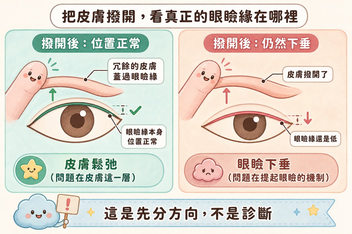 撥開上眼皮皮膚後眼瞼緣位置正常與仍下垂的對照