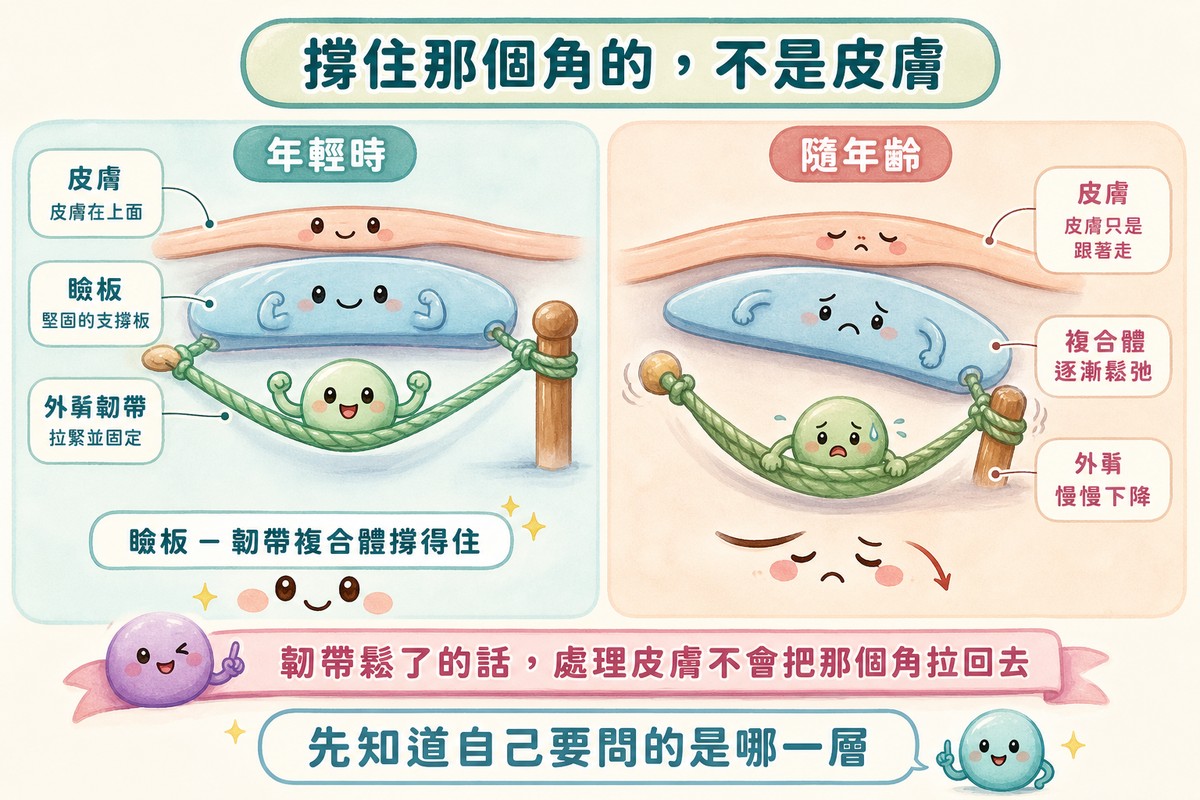 外眥由瞼板與韌帶撐住、皮膚只在上面的對照