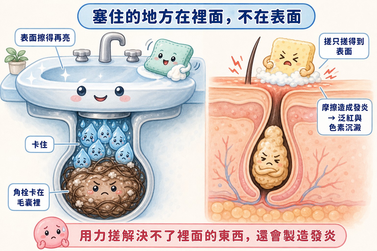 排水孔比喻圖:塞住的地方在毛囊裡面,搓表面沒有用