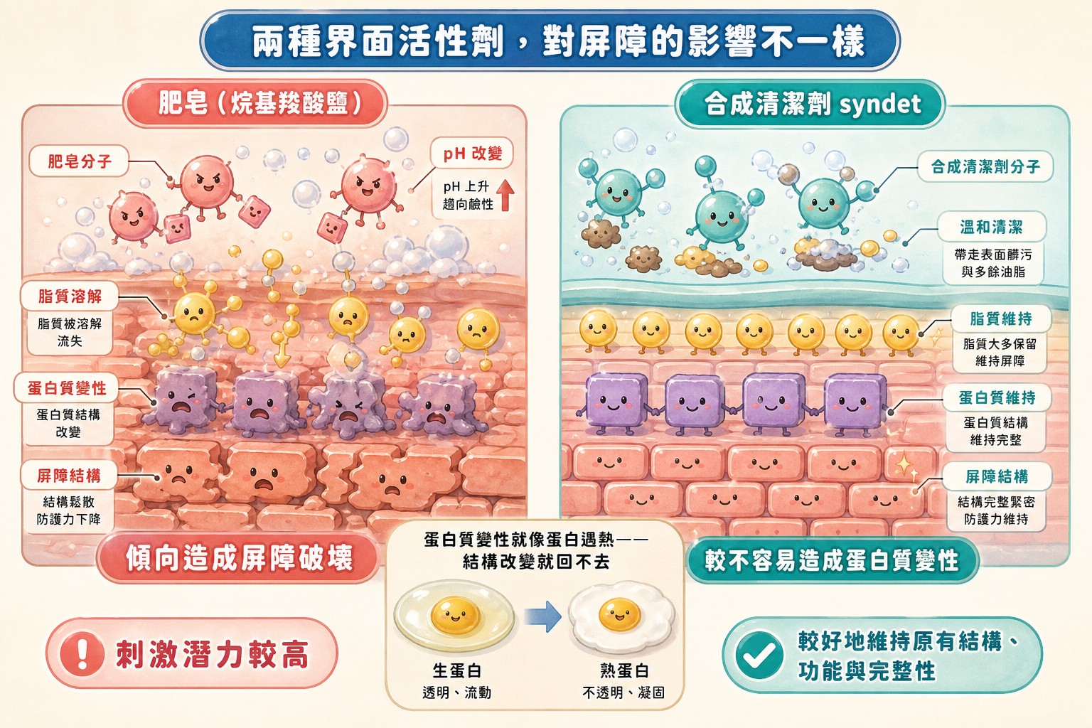 肥皂與合成清潔劑對皮膚屏障影響的對照圖