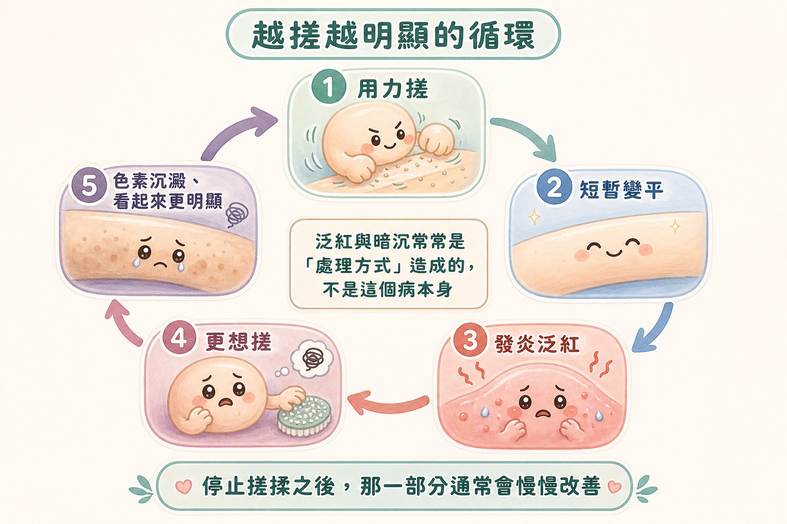 越搓越明顯的惡性循環:搓、短暫變平、發炎泛紅、更想搓、色素沉澱