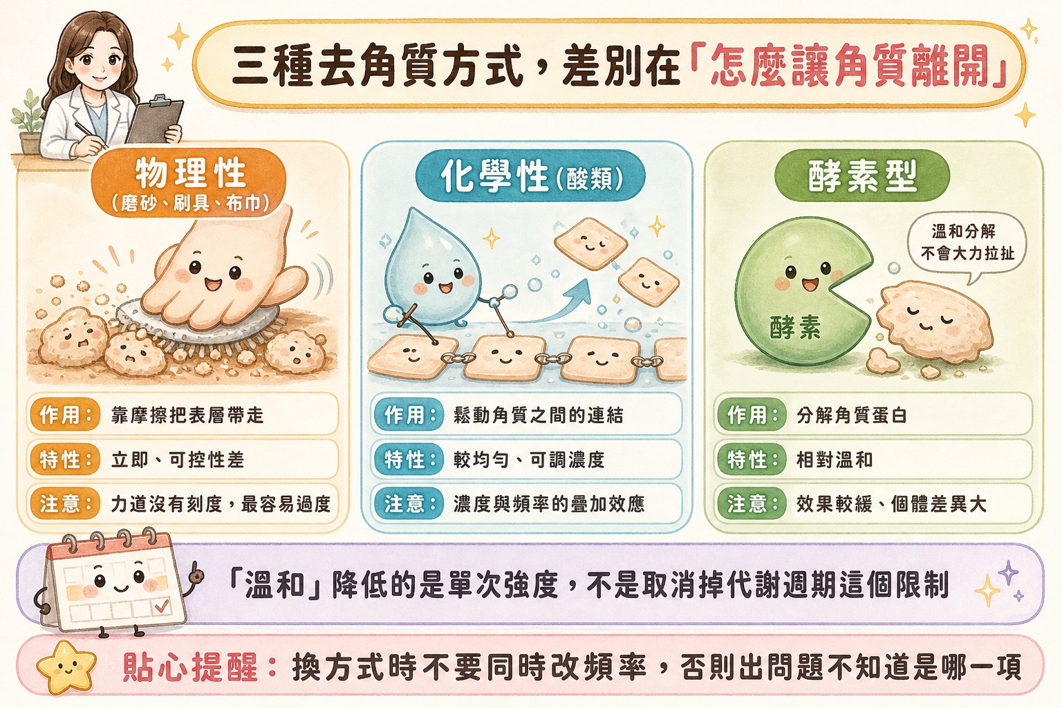 物理性、化學性、酵素型三種去角質方式對照