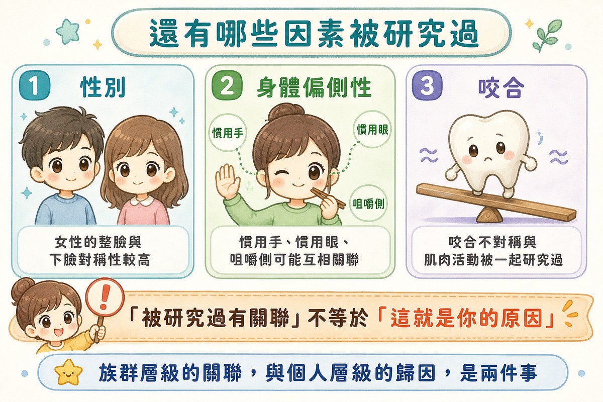 性別、身體偏側性與咬合三項被研究過的相關因素