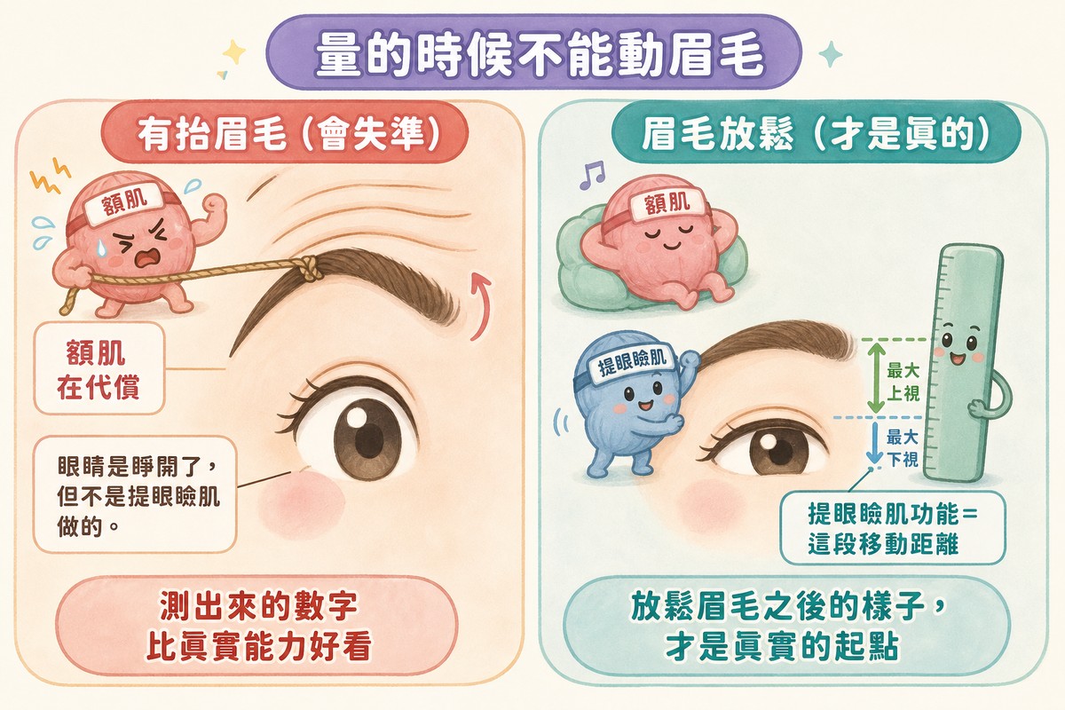 抬眉毛時額肌代償與眉毛放鬆時的提眼瞼肌功能對照