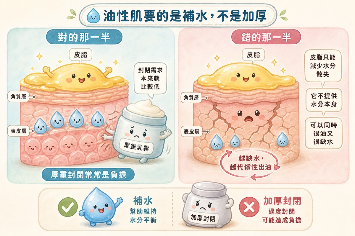 油性肌保濕對照圖:封閉需求低但仍需補水