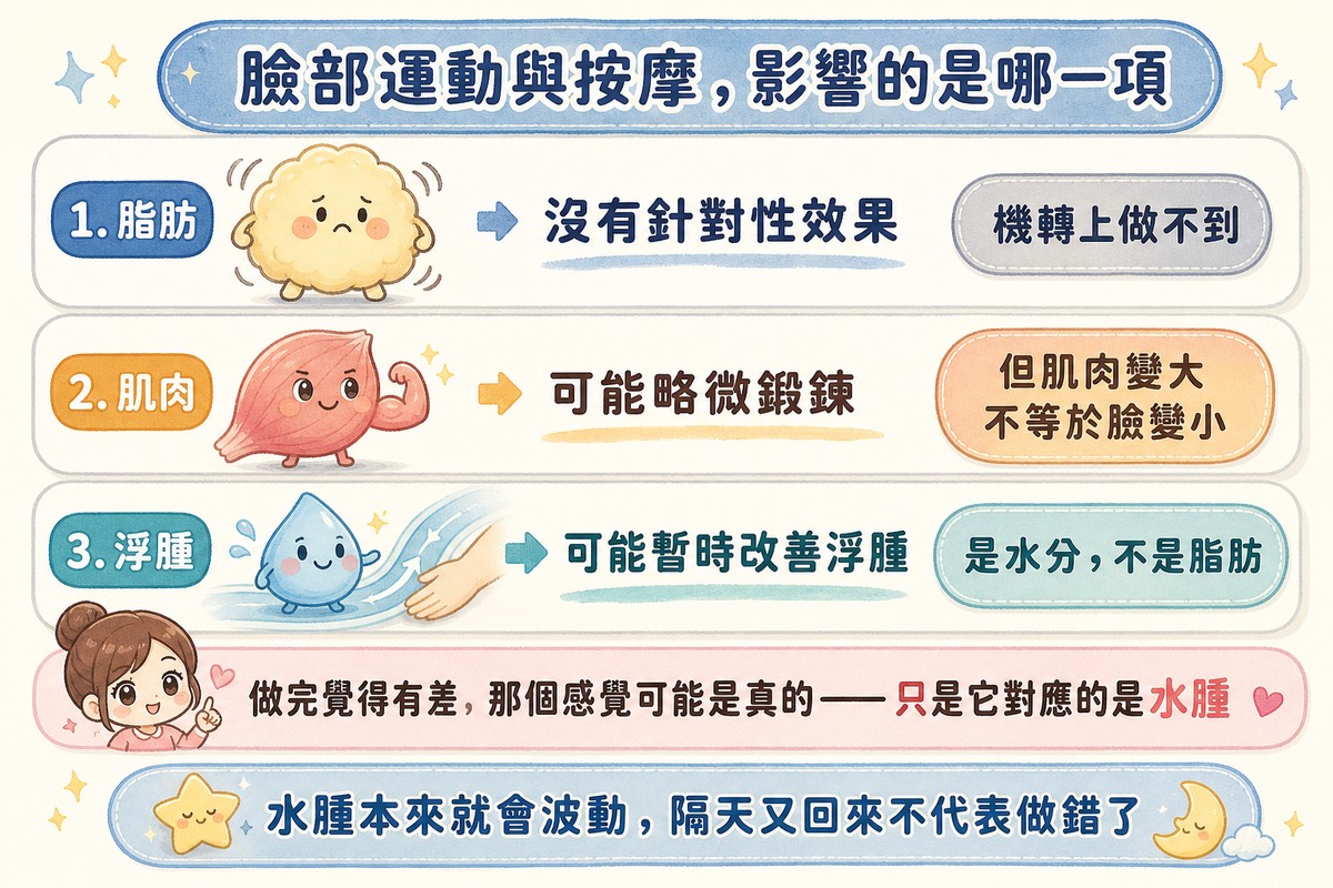 臉部運動與按摩對脂肪肌肉浮腫三者的不同影響