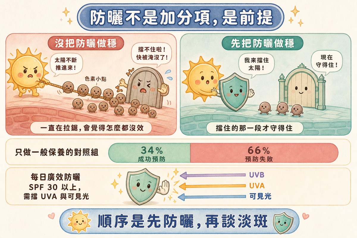 有無做穩防曬時色素生成與阻擋的拉鋸對照