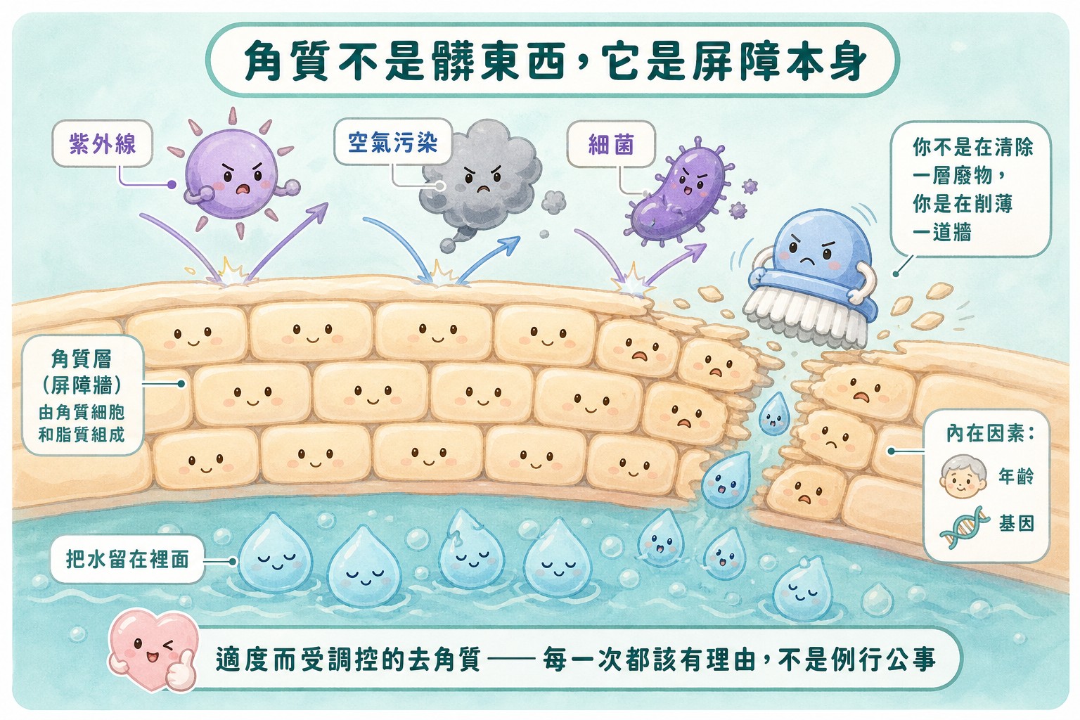 角質層是屏障本身：把水留在裡面、把外界擋在外面