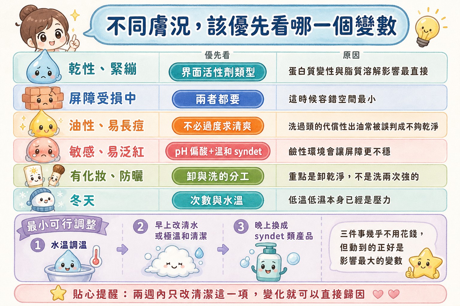 不同膚況該優先看哪個變數與最小可行調整
