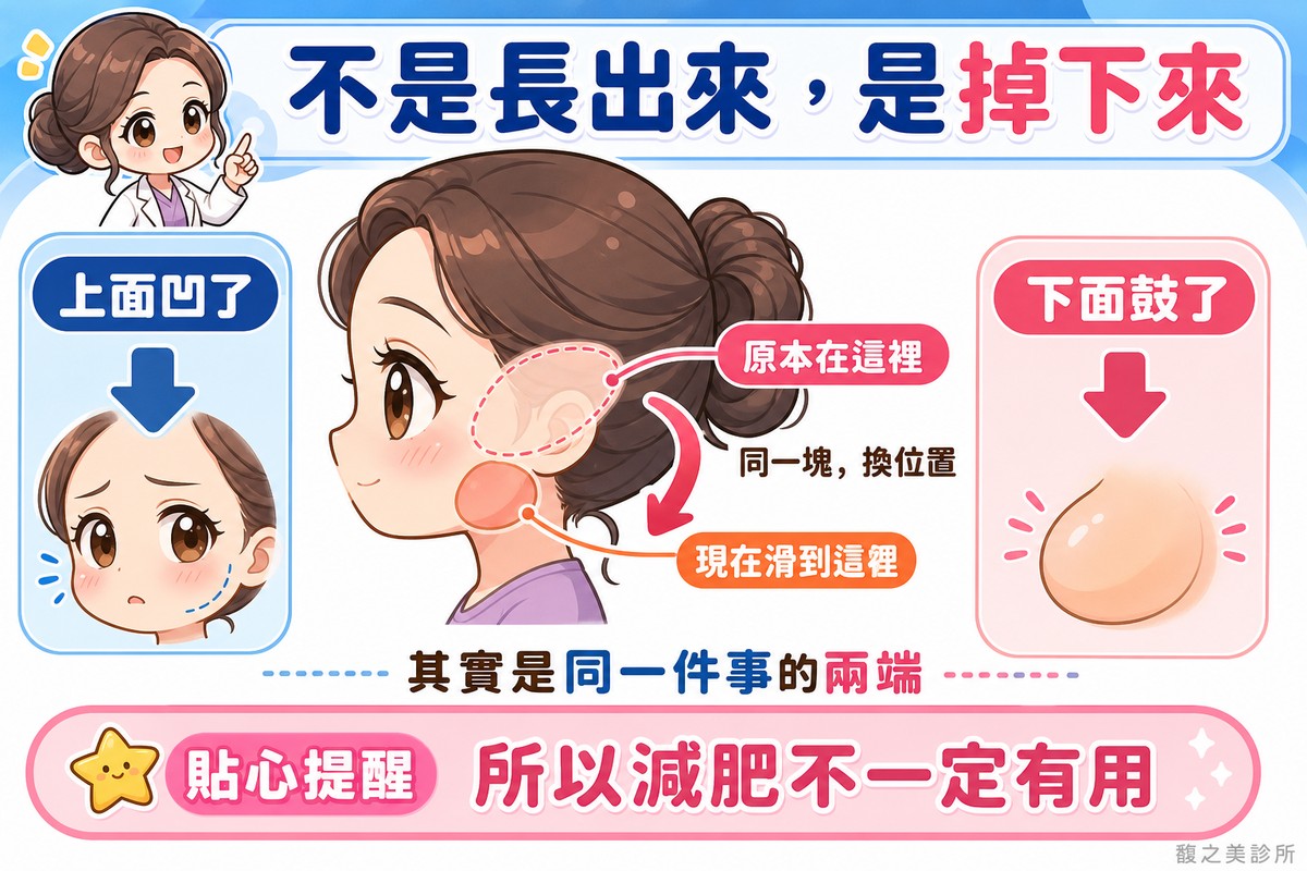 原本在蘋果肌位置的脂肪墊往下滑到嘴角外側，上面凹了下面鼓了是同一件事的兩端