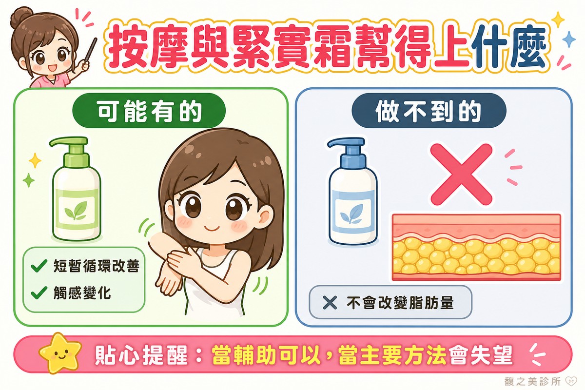 按摩與緊實霜可能改善循環與觸感,但不會改變皮下脂肪量