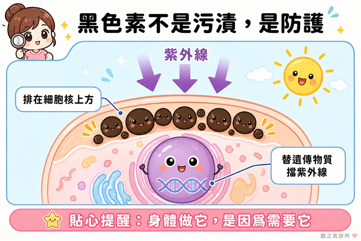 黑色素排在細胞核上方,像小傘替遺傳物質擋住紫外線