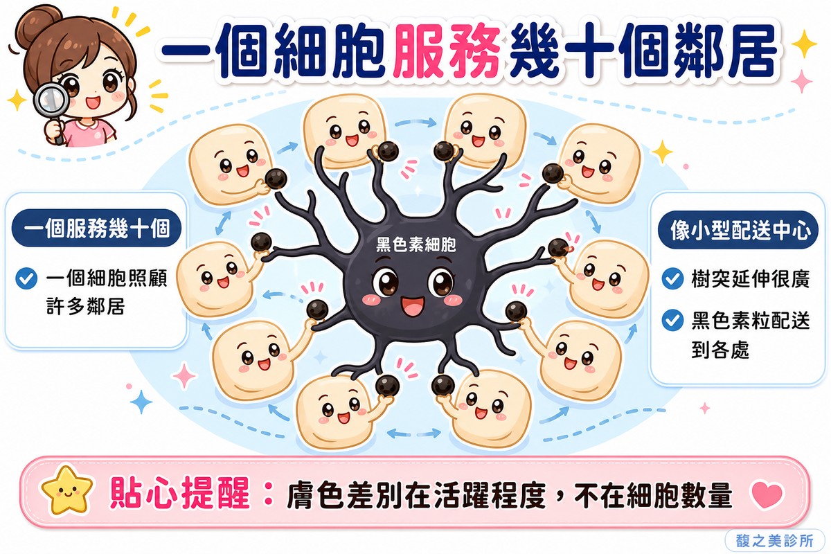 一個黑色素細胞透過樹突服務周圍幾十個角質細胞