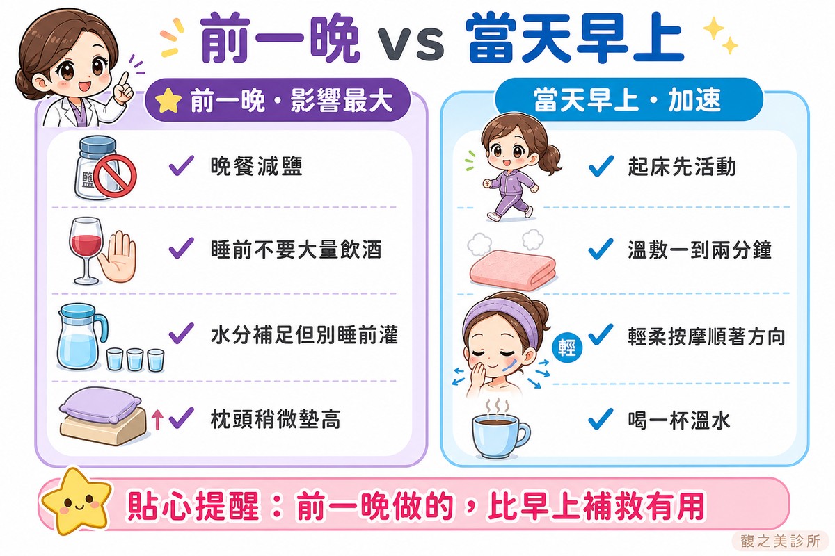 前一晚減鹽不飲酒補足水分墊高枕頭，當天早上先活動溫敷輕柔按摩喝溫水
